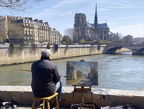 Ein Kuenstler malt die Notre-Dame von einer sonnigen Uferpromenade aus, Lifestyle in Paris,