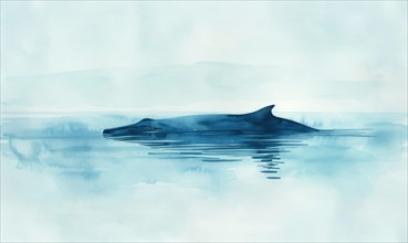 A serene watercolor painting featuring a solitary whale gracefully gliding through calm ocean