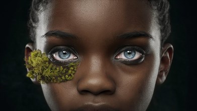 Close-up of a girl's face with dark skin featuring moss makeup on one side, creating a mysterious