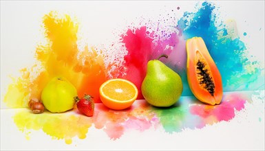 Variety of fruits on a watercolor paint background, artistic food presentation, horizontal, AI