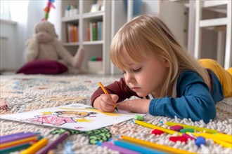 A preschool-aged girl lies on the floor and draws a picture with coloured pencils, AI generated, AI