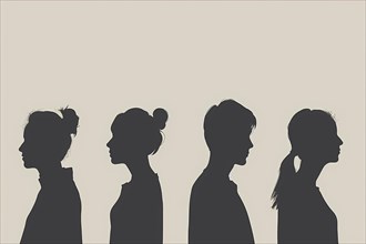 Four women in profile silhouettes against a beige background, evoking a mysterious elegance,