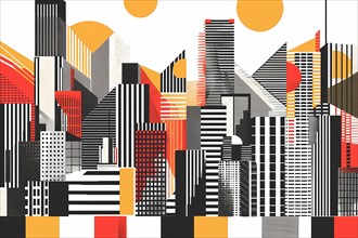 A vibrant abstract geometric cityscape with bold red, yellow, and black colors, illustration, AI