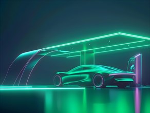 A concept electric car under a futuristic charging station with vibrant neon lights, illustration,
