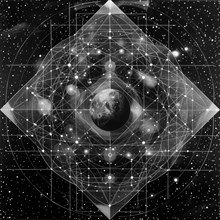 Black and white depiction of sacred geometry symbolizing cosmic harmony with Earth at the center AI