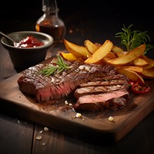 A succulent grilled steak, perfectly cooked and sliced, is presented with roasted potatoes, fresh