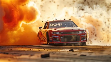 A race car narrowly avoids a fiery explosion on the track, encapsulating the extreme risks and