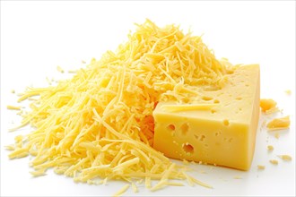 Freshly Grated Yellow Cheese and Block on White Background, AI generated