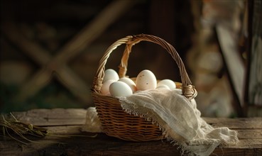 Eggs arranged in a wicker basket AI generated