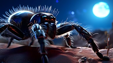 Tarantula hair textured in moonlight glow prowling through chihuahuan desert, AI generated