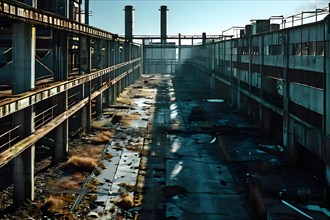Drone shot of the vast expanse of an abandoned factory complex, AI generated