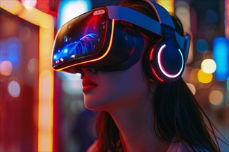 Woman experiencing virtual reality with a headset surrounded by vibrant neon lights, AI generated