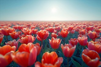 A serene field of red tulips stretches to the horizon under a clear blue sky, AI generated