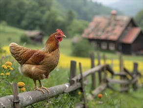 A chicken perched on a fence with a farmhouse and greenery in the background, AI generiert, AI