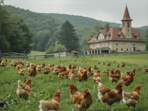 A flock of chickens grazing in the countryside near a farm building, AI generiert, AI generated