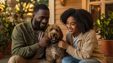 A joyful african american family moment with a man and girl smiling as they play with a fluffy dog,