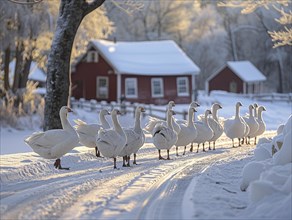 Elegant swans on a snow-covered path in a quiet wintry morning scene, AI generated, AI generated,