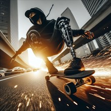 Masked individual with bionic leg skateboarding through the city with sparks, AI generated