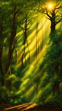 AI generated illustration of tranquil woodland composition awash in layers of diverse green tones
