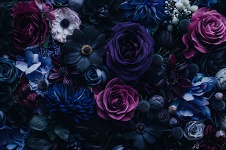 Densely packed floral arrangement in shades of purple and blue against a dark background,
