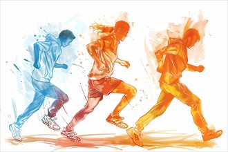Dynamic watercolor illustration of runners in motion with vibrant colors, illustration, AI