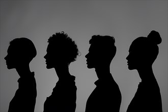 Profiles of women with different hairstyles in monochromatic silhouette, illustration, AI generated
