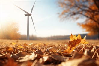 Autumn leaves with renewable energy windmill turbine in background. KI generiert, generiert, AI