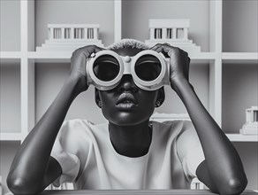 Someone peers through large, round goggles, searching, in a minimalist black and white scene, AI