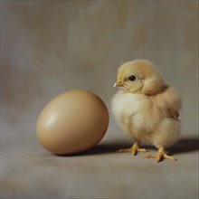 Soft, curious chick next to an egg on a light-coloured background, AI generated