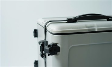 Close-up of a clean, minimalistic white hard case luggage with secure locks AI generated