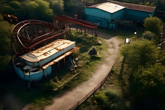 Aerial view of a bandoned amusement park overgrown with vegetation and rusting roller coasters, AI