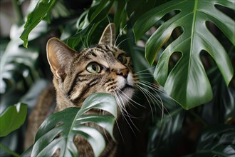 Curious cat looking at tropical Monstera houseplant. KI generiert, generiert, AI generated