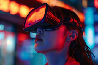 Side view of a woman wearing virtual reality headset with a red neon glow, AI generated