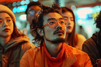 A man with distinctive glasses and mustache stands out in a nighttime crowd, AI generated