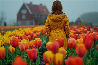 A woman in yellow raincoat admires a colorful field of orange and red tulips, AI generated