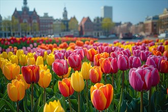Bright orange and yellow tulips with vivid city architecture in the background, AI generated
