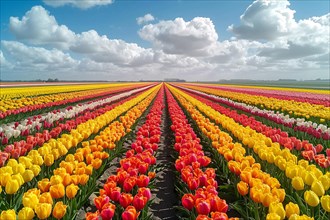 Dutch tulip field showcasing a stunning pattern of red and yellow flowers in symmetrical rows, AI