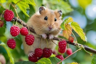 Cute hamster sitting in tree with raspberry fruits. KI generiert, generiert, AI generated