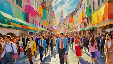 Painting-like image of a bustling street scene with people in business attire under colorful flags,