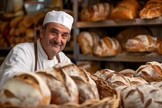 Baker with fresh loaves of bread in industrial kitchen. KI generiert, generiert, AI generated