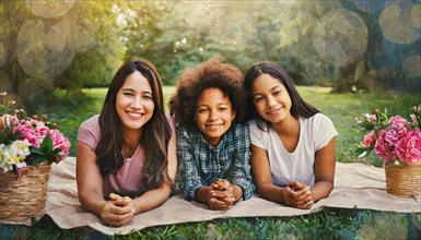 A smiling family with two children enjoying a picnic outdoors in a park, AI generated