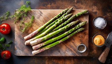 Atmospherically dense depiction of asparagus on a cutting board with spices, green asparagus,