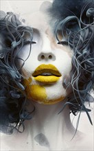 Dramatic surreal portrait of a female with smoky effect and bright yellow lipstick, Vertical