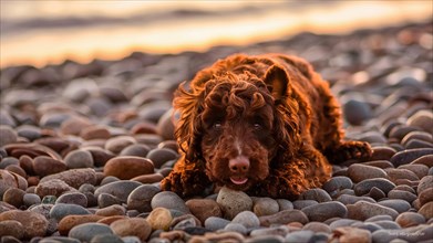 A reactive playful water dog laying down on a pebbled beach as the sun sets, reflecting serenity,