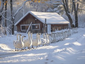 Geese walk in a snowy landscape, the light casts long shadows, AI generated, AI generated, AI