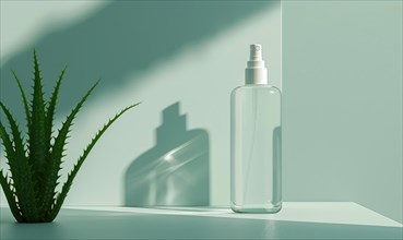 A blank spray bottle mockup containing aloe vera mist, nature cosmetic AI generated