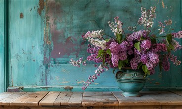 A bouquet of lilacs on a rustic farmhouse table AI generated