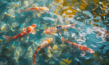 A group of colorful koi fish swimming in a tranquil pond AI generated