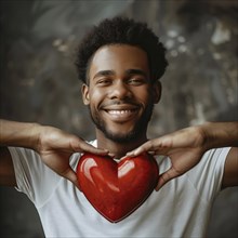 Cheerful young man with afro lovingly holding a red heart and smiling, AI generated