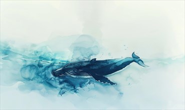 A peaceful watercolor painting of a whale diving into the depths of the ocean AI generated